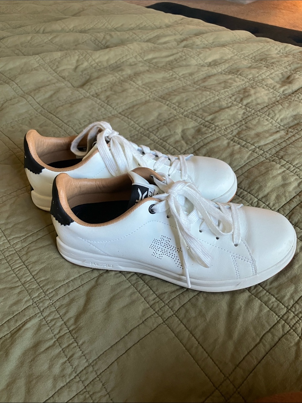 KURU White Leather Lace-Up ROAM Sneakers with Black Heel